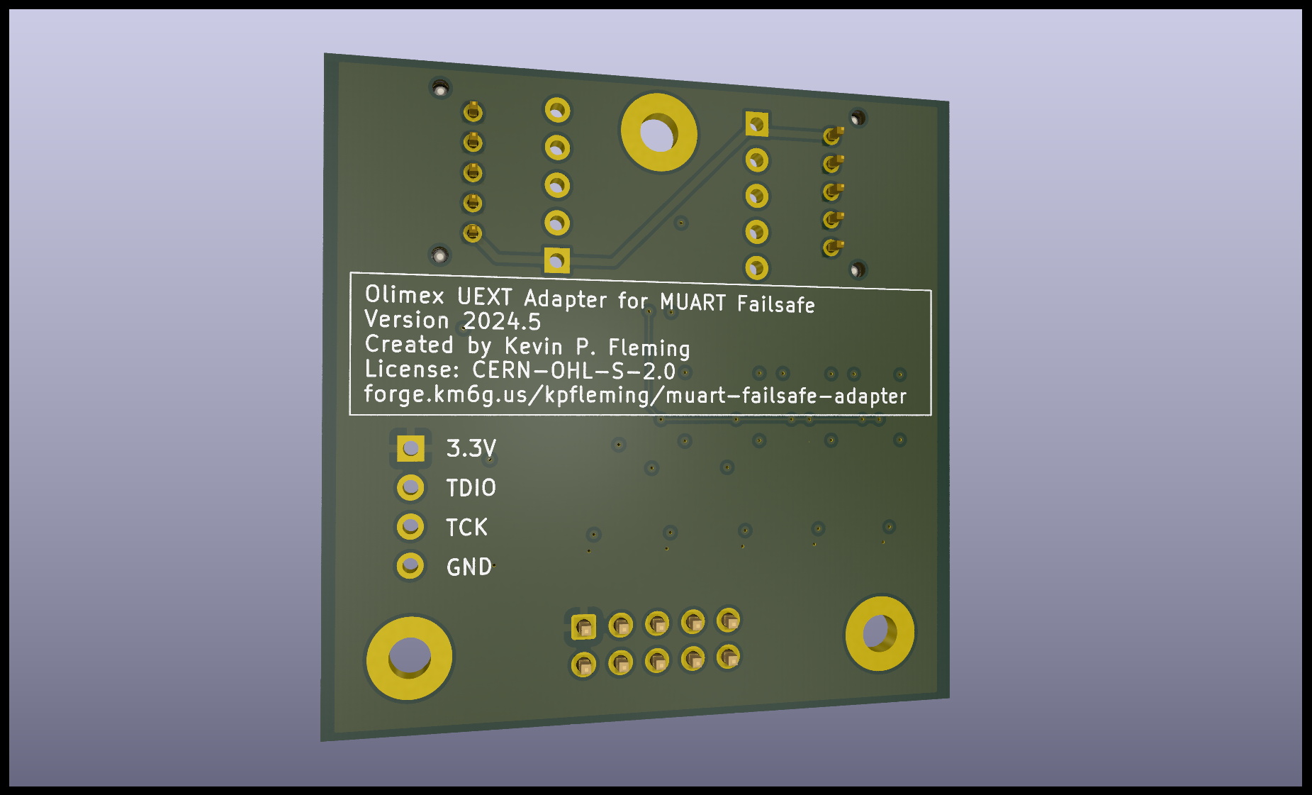 Ray-traced 3D rendering of the back side of the adapter board