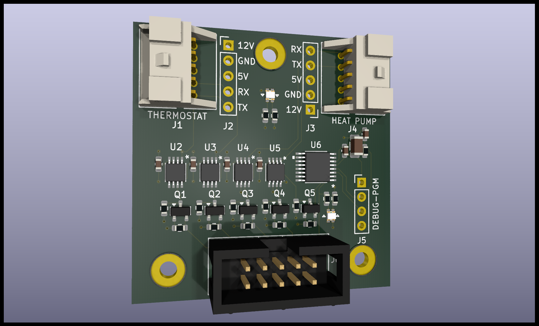 Ray-traced 3D rendering of the front side of the adapter board
